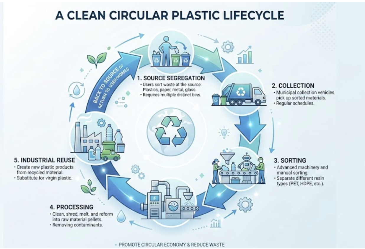 Infographic showing a circular plastic lifecycle with five stages: source segregation, collection, sorting, processing, and industrial reuse, forming a continuous recycling loop.