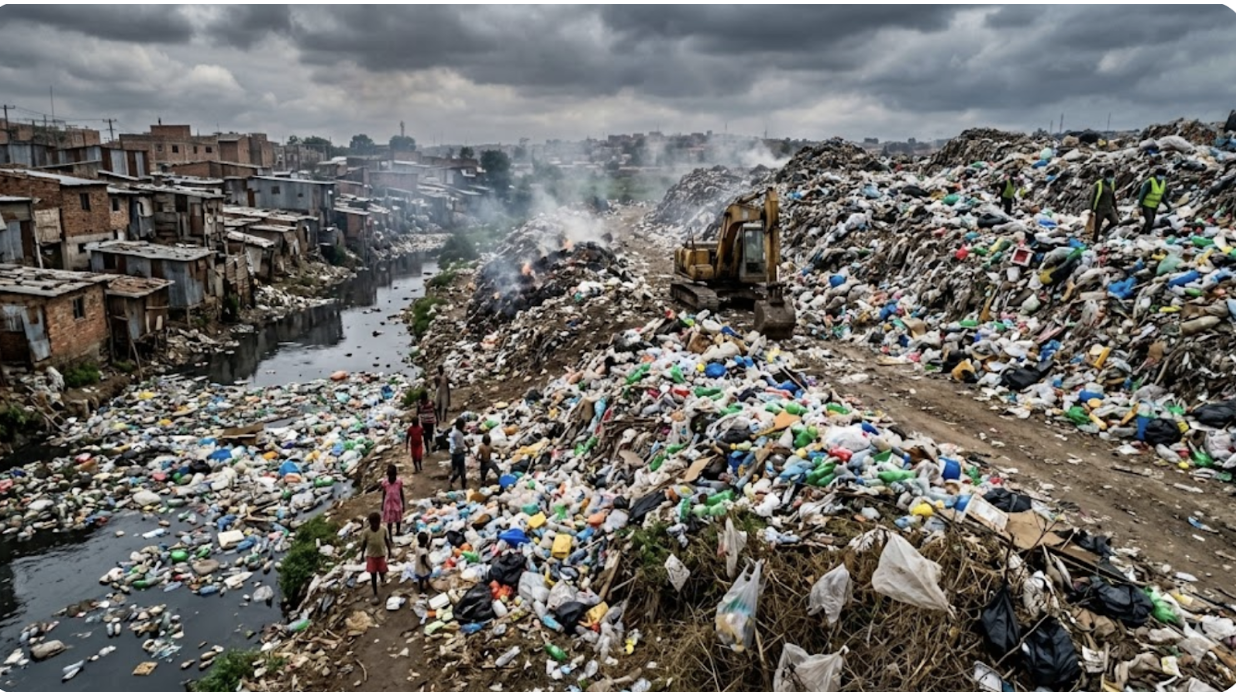 Large landfill site filled with plastic waste beside a polluted water channel, with people and an excavator working among piles of garbage under a cloudy sky.