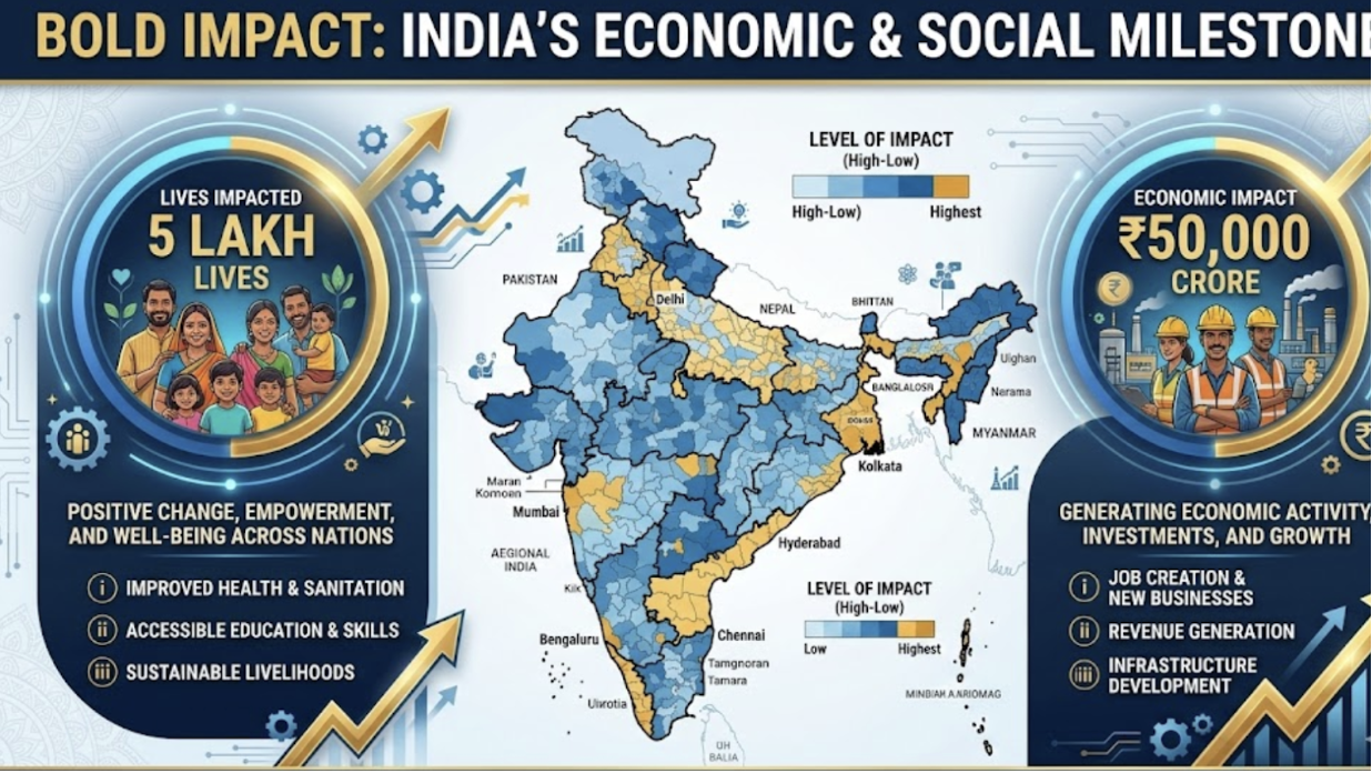 Infographic showing India’s economic and social impact, highlighting 5 lakh lives impacted, ₹50,000 crore economic impact, and a map indicating levels of impact across regions.
