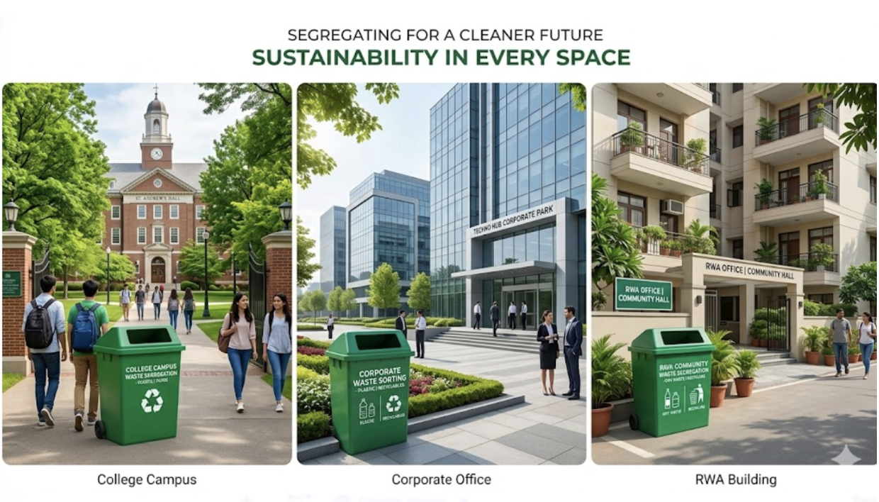 Infographic showing waste segregation practices in three settings—college campus, corporate office, and residential RWA building—with green recycling bins promoting sustainability.