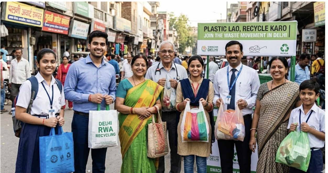 Group of people in a busy street holding reusable bags and plastic waste, promoting a recycling campaign with a “Plastic Lao, Recycle Karo” sign in Delhi.