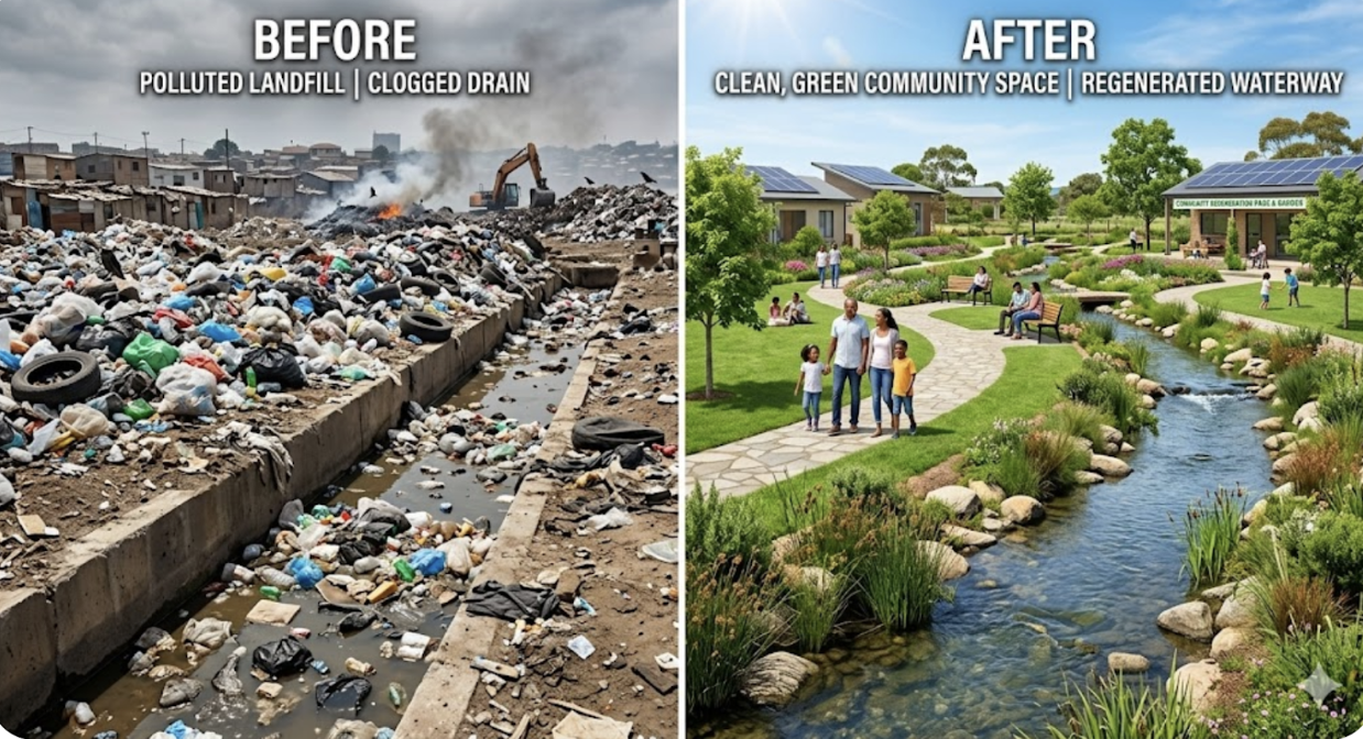 Split image showing before and after transformation—left side depicts a polluted landfill with clogged drain, right side shows a clean green park with a restored waterway.