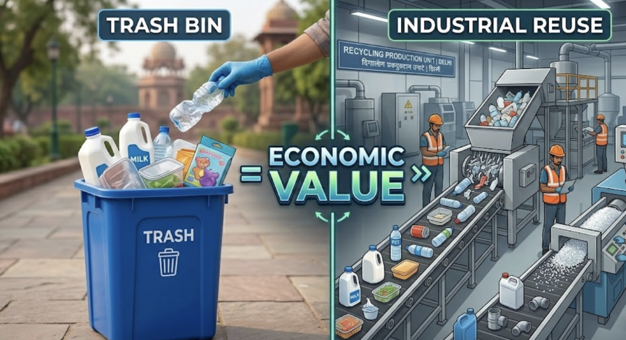 Split image showing plastic waste being thrown into a trash bin and then processed in an industrial recycling facility, highlighting conversion of waste into economic value.