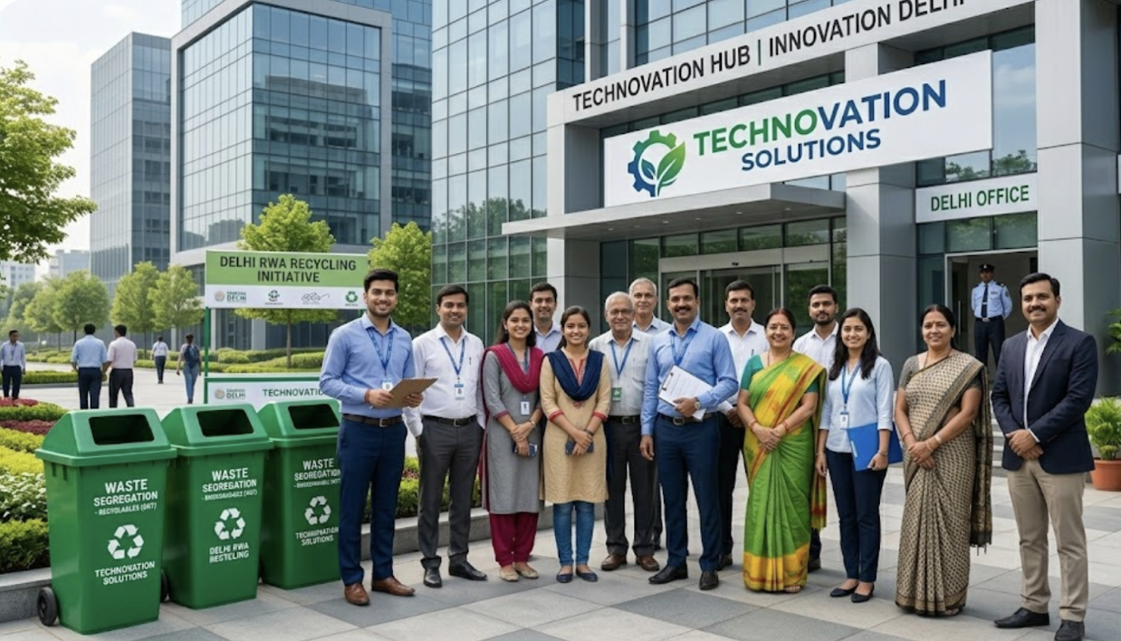 Group of professionals standing outside an innovation hub in Delhi with green waste segregation bins, promoting a recycling initiative.