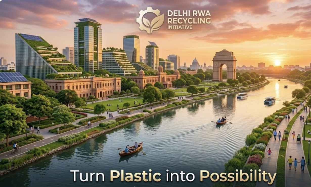 Futuristic green cityscape of Delhi with clean river, solar-powered buildings, and India Gate, promoting recycling with the message “Turn Plastic into Possibility.”