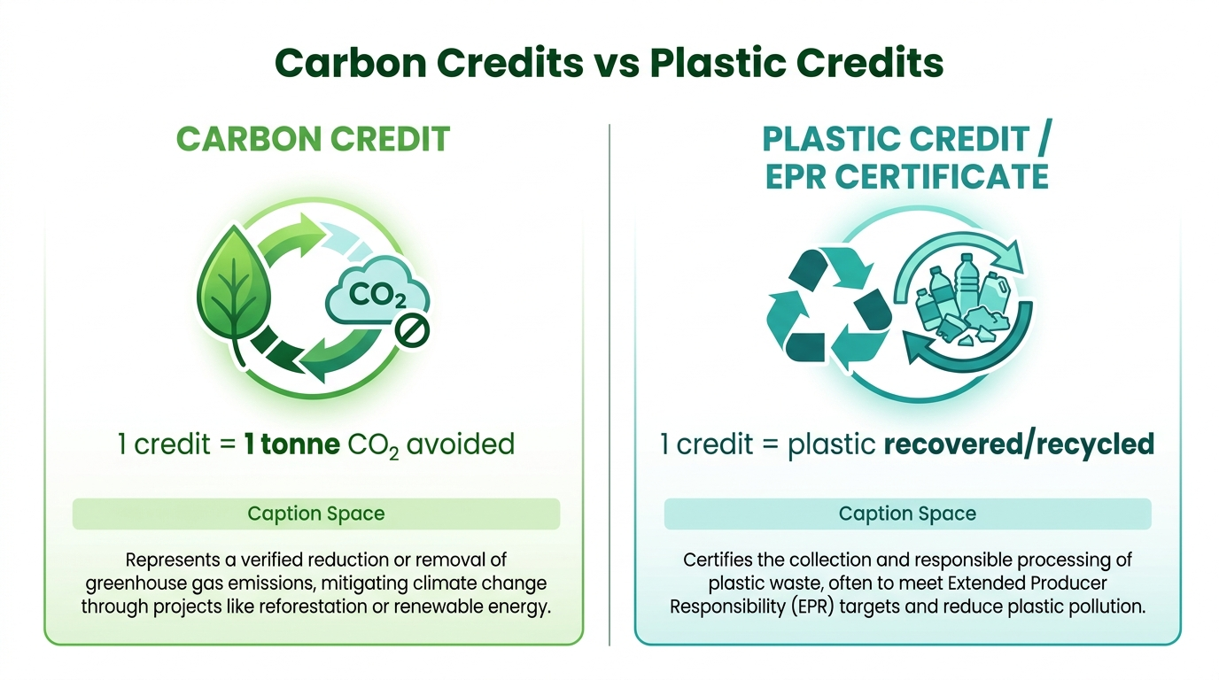 Infographic comparing carbon credits and plastic credits or EPR certificates