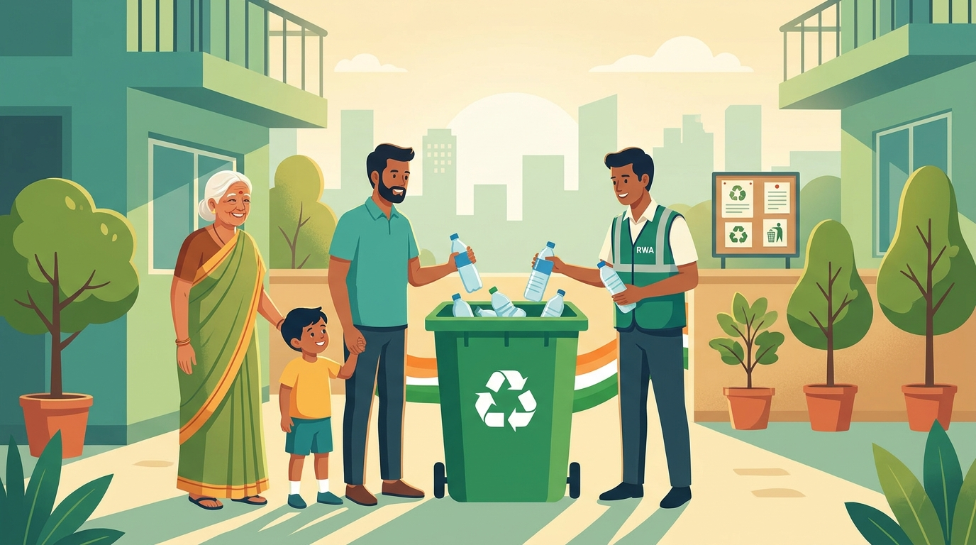 Residents of an Indian society dropping clean plastic into a community recycling bin — Operation SHUDDHI