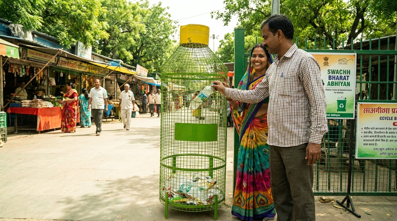 A resident dropping a plastic bottle into an Operation SHUDDHI green mesh dustbin in Delhi NCR