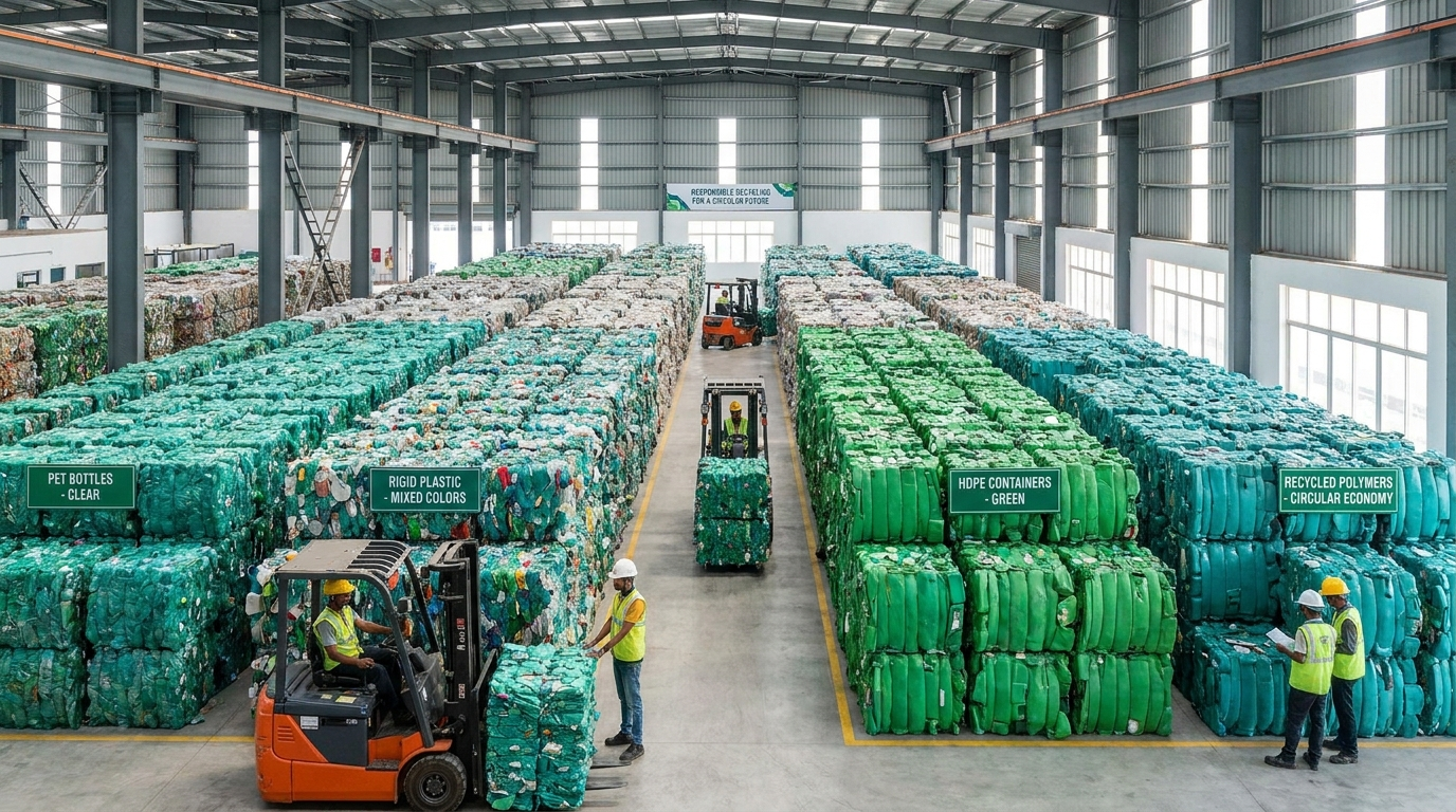 Sorted and baled plastic packaging by category at a modern Indian recycling facility