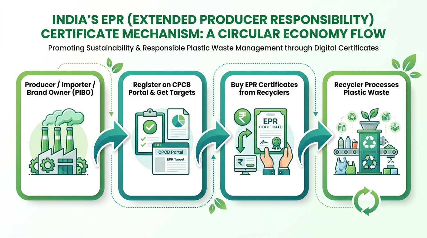 Infographic of the EPR certificate mechanism: PIBO registers, gets targets, and buys EPR certificates from recyclers who process plastic waste