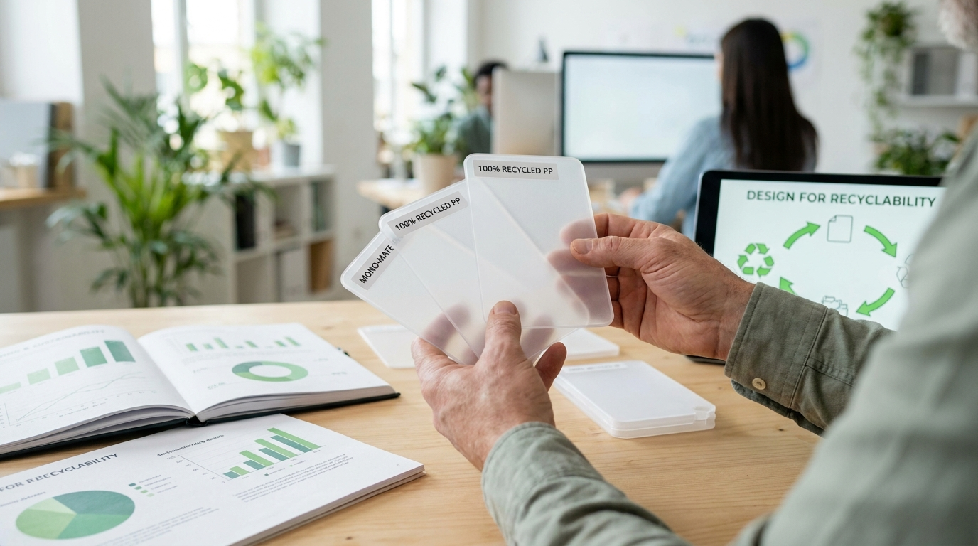 A product designer examining recyclable mono-material plastic packaging samples with sustainability charts