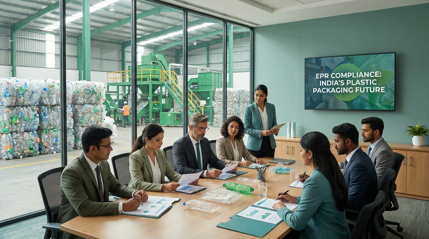 Business professionals reviewing EPR plastic packaging compliance at a recycling facility in India
