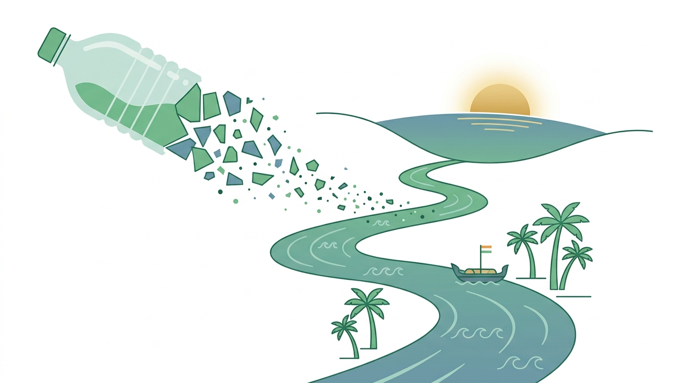 Illustration of a plastic bottle fragmenting into microplastics flowing down an Indian river to the ocean.