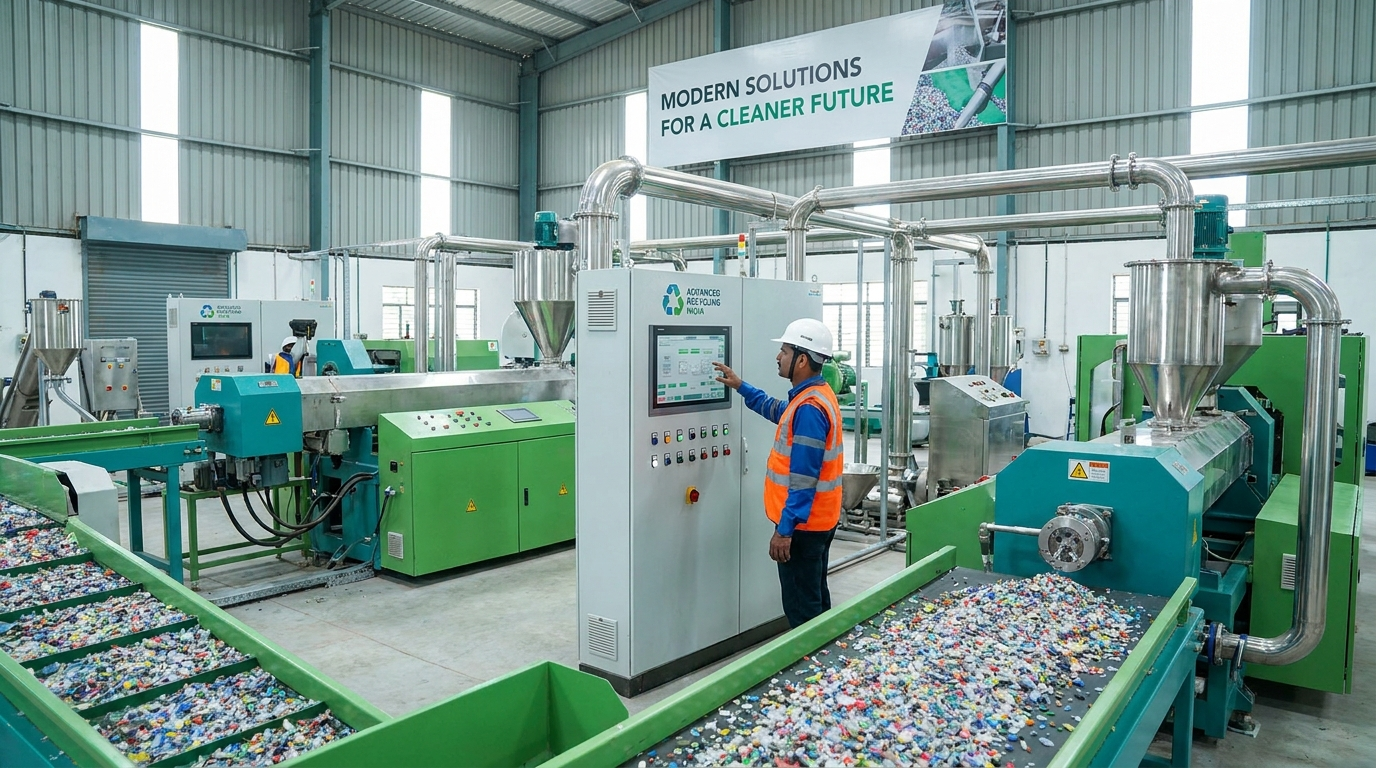 Engineer monitoring an advanced plastic recycling plant with extrusion machinery in India