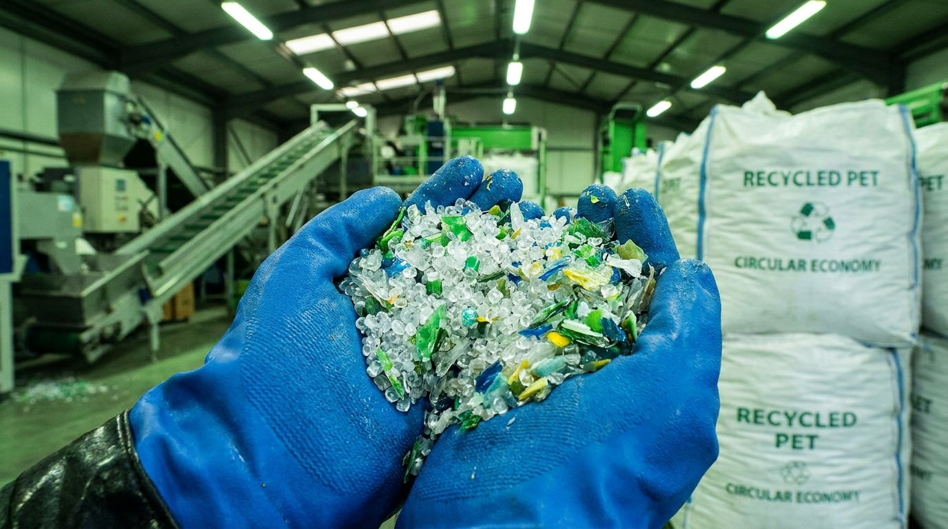 Clean recycled PET plastic flakes held in gloved hands at a recycling facility