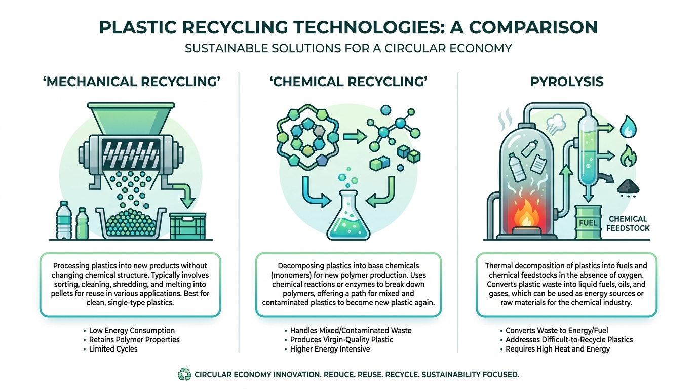 Comparison infographic of mechanical recycling, chemical recycling, and pyrolysis plastic recycling technologies