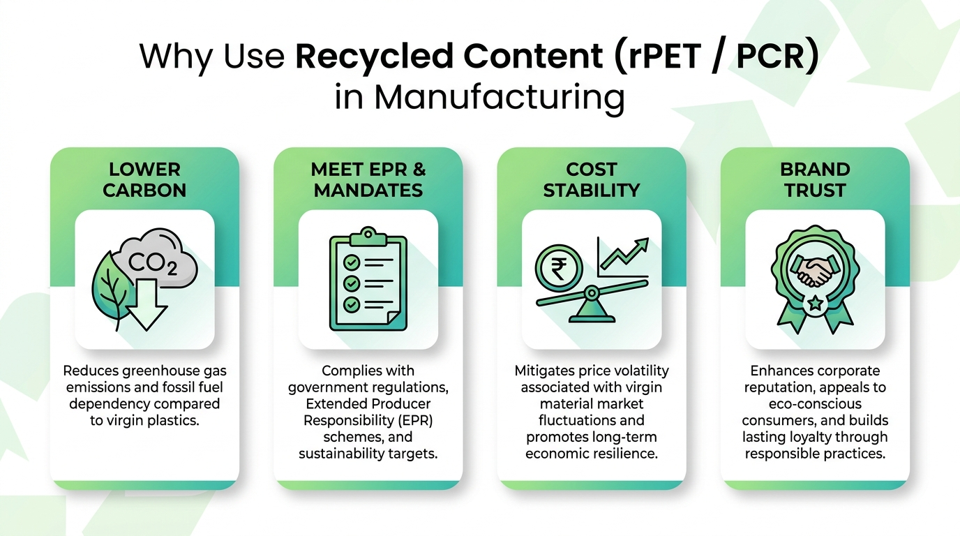 Infographic on benefits of recycled content in manufacturing: lower carbon, EPR compliance, cost stability, brand trust