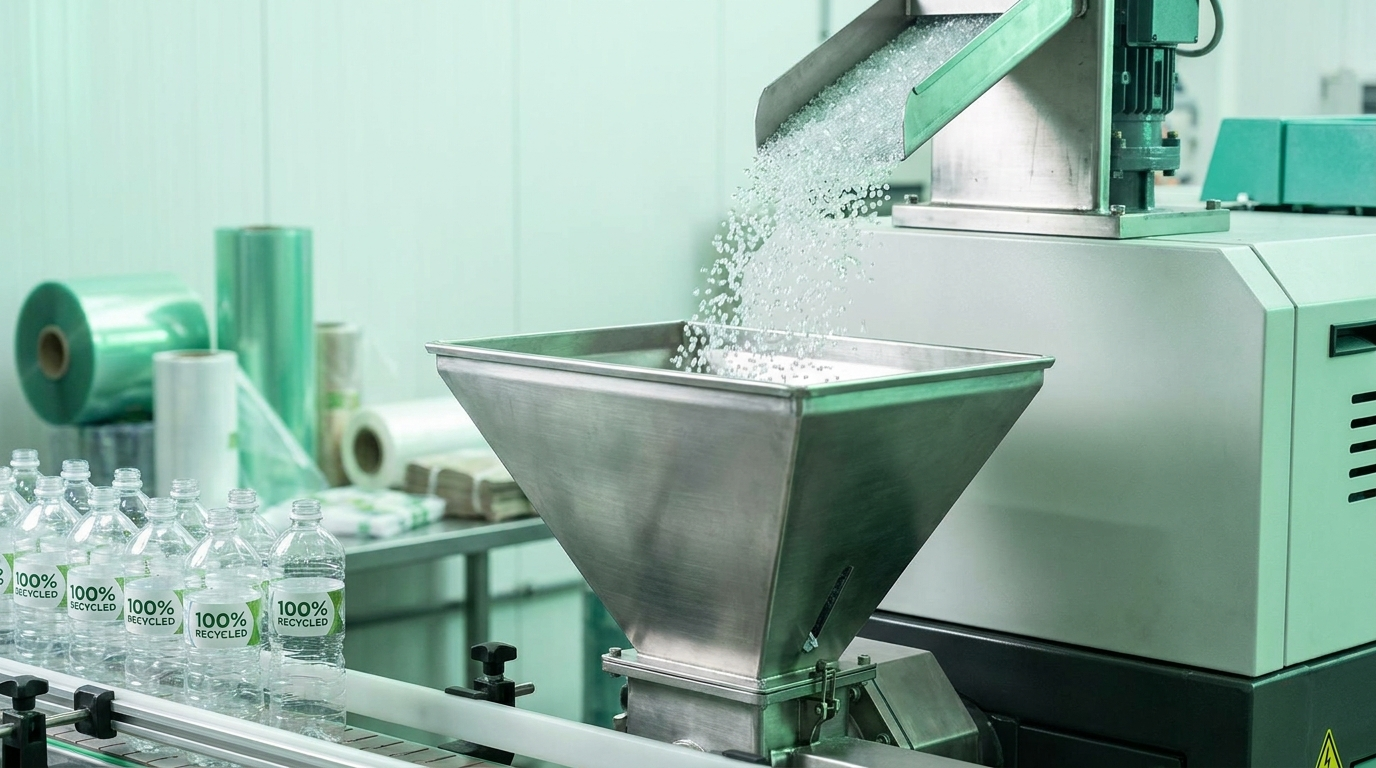 Clear recycled PET rPET pellets pouring into a manufacturing machine hopper