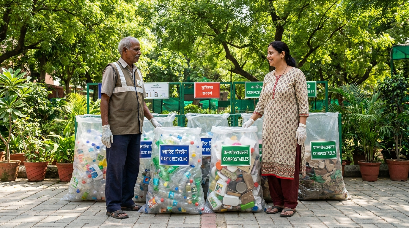 Waste worker and resident with neatly segregated clean plastics at an Operation Shuddhi collection point