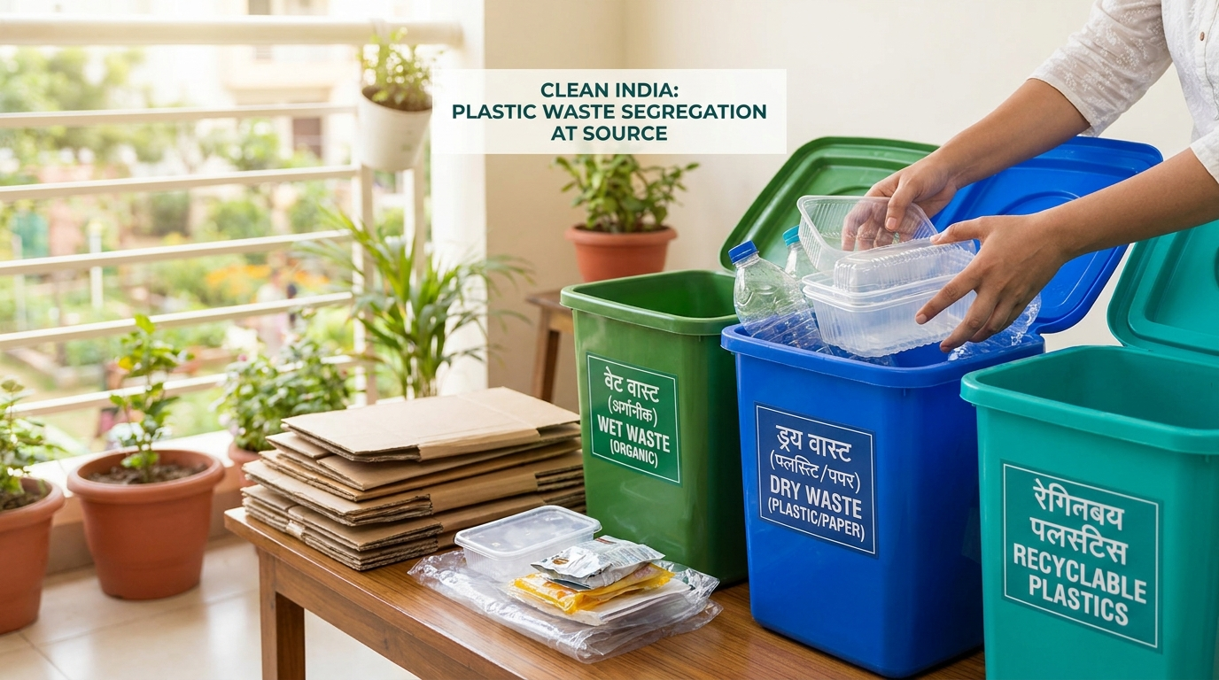 Person segregating household plastic waste into colour-coded wet, dry and recyclable bins in India