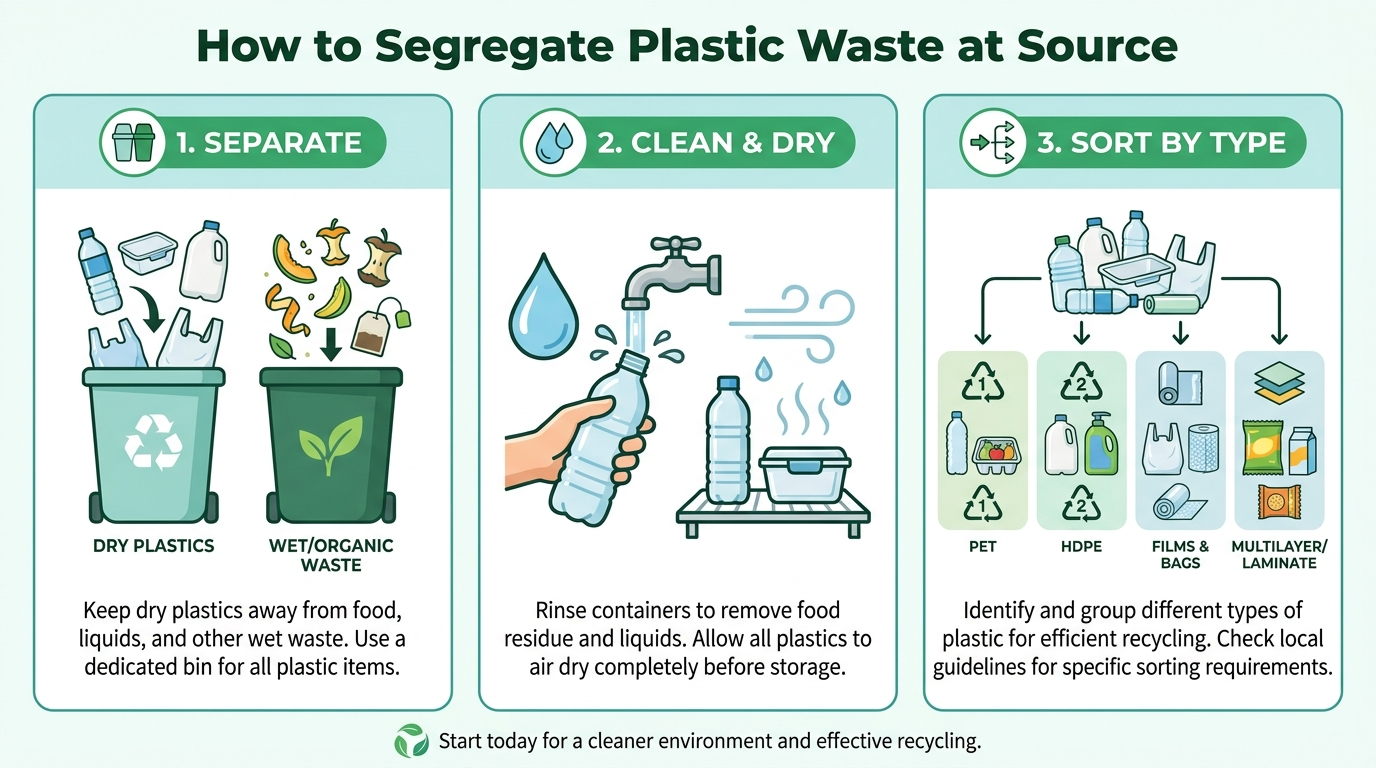 Infographic showing how to segregate plastic waste at source: separate, clean and dry, sort by type