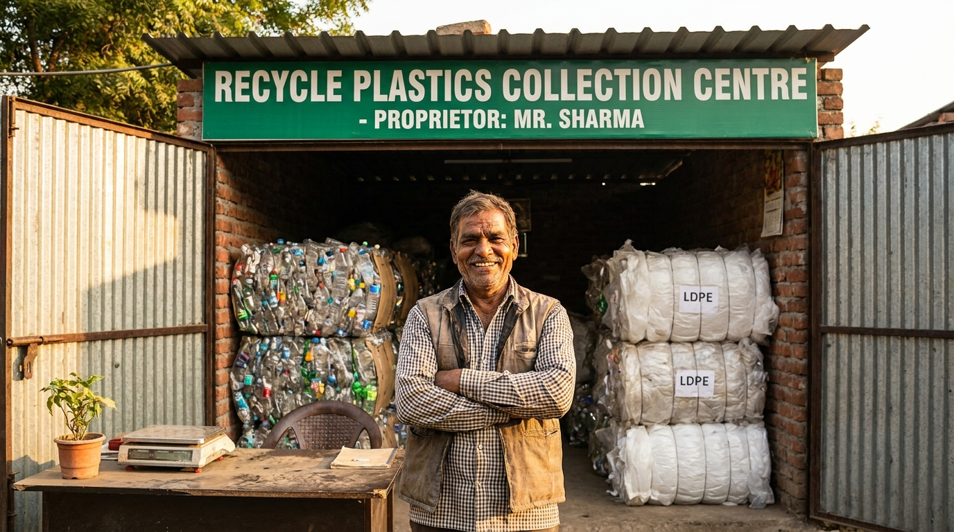 An Indian entrepreneur standing proudly in front of his plastic collection centre