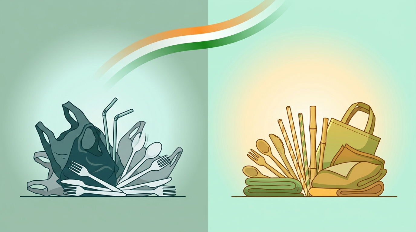 Comparison illustration of banned single-use plastic items versus sustainable alternatives in India.