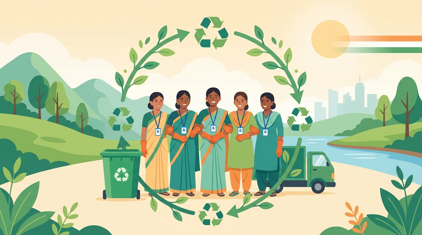 Indian women waste pickers cooperative collecting and sorting plastic for a cleaner, circular India