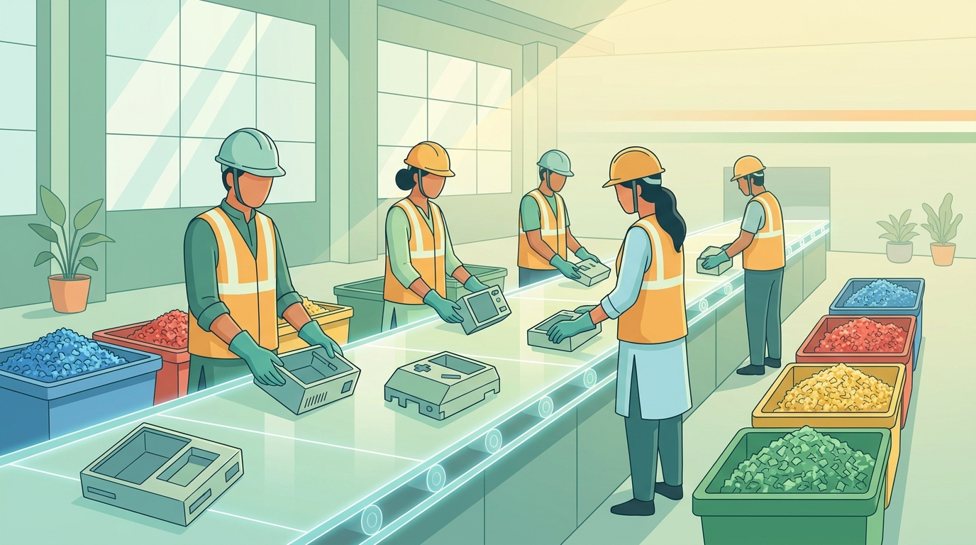 Workers safely sorting e-waste plastics at a formal recycling facility in India