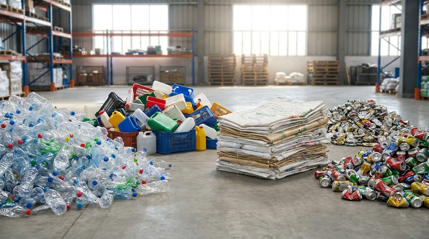 Segregated plastic scrap types — PET bottles, rigid plastic, woven bags and aluminium cans