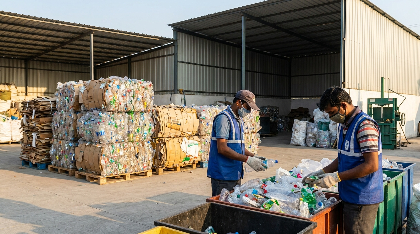 Workers sorting and baling clean recovered plastic at an Indian waste-collection aggregation centre