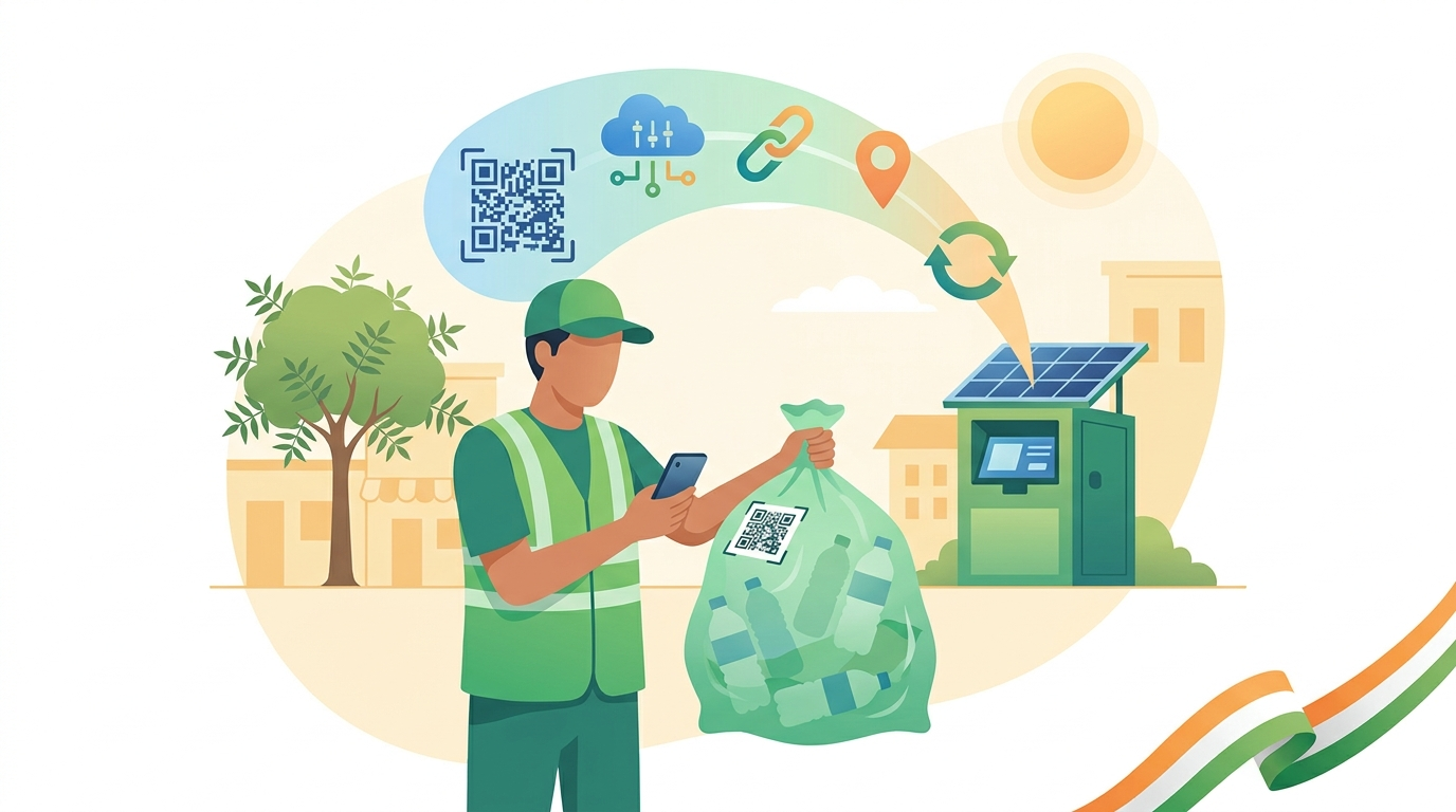 Waste worker scanning QR code for digital plastic waste traceability in India