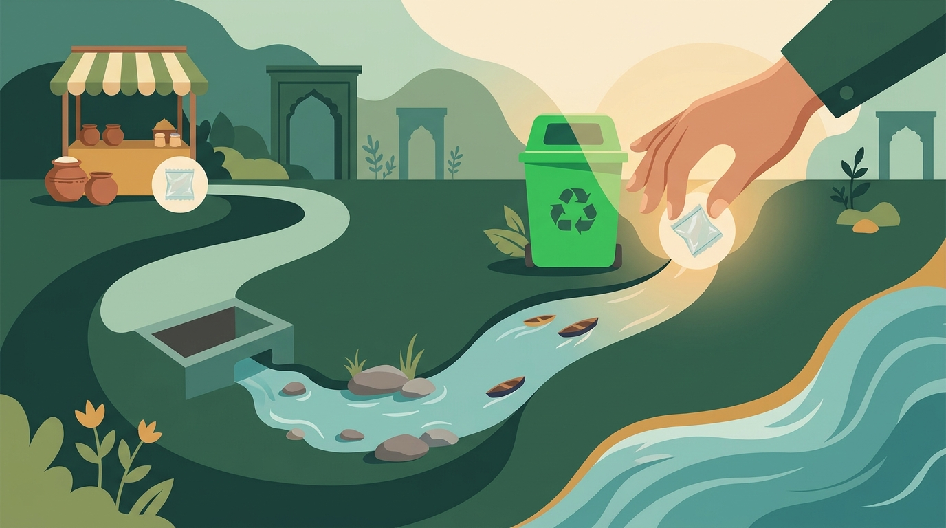 Illustration showing the journey of plastic from street to river and how collection bins intercept it before the ocean.